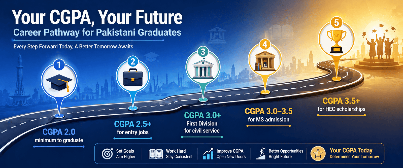 Career timeline showing how CGPA 2.0 to 3.8 plus opens progressively better opportunities in jobs government and graduate school