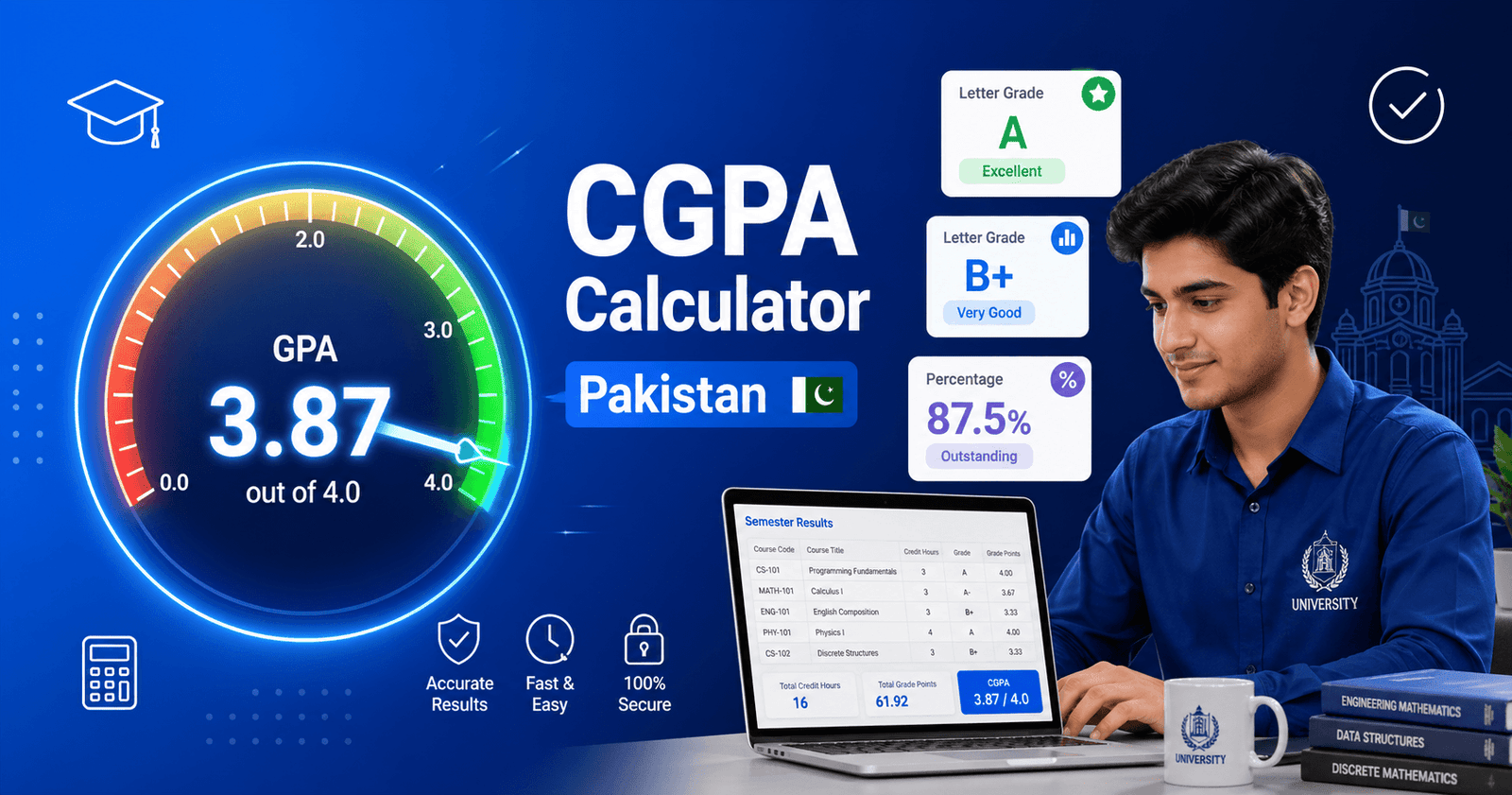 CGPA Calculator for Pakistani university students showing GPA dial and student